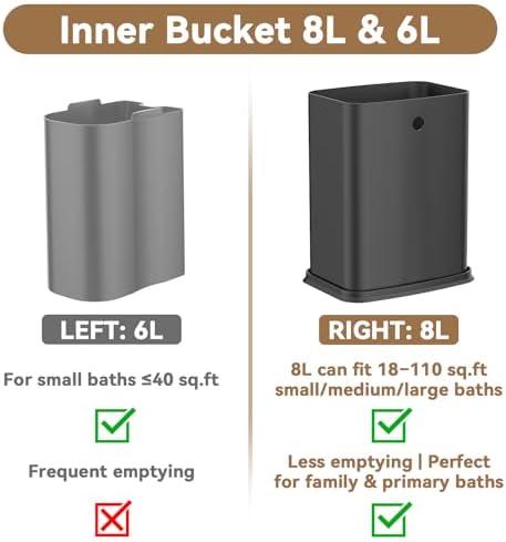2.1 Gallon Slim Bathroom Trash Can with Swing Lid, 8L Stainless Steel Bathroom Garbage Can with Removable Inner Bucket for Narrow Spaces, Toilet Side, Bathroom, Bedroom