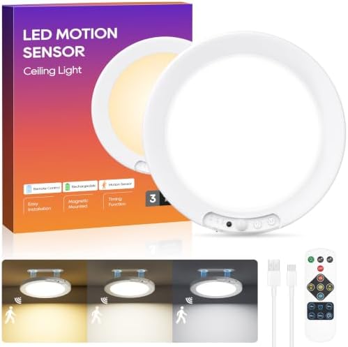 Rechargeable Motion Sensor Ceiling Light, 8000mAh Battery Operated Ceiling Lights with Remote, Magnetic Wireless Closet Light, 3 Color Dimmable LED Shower Lights for Closet Pantry Shed Hallway Patio