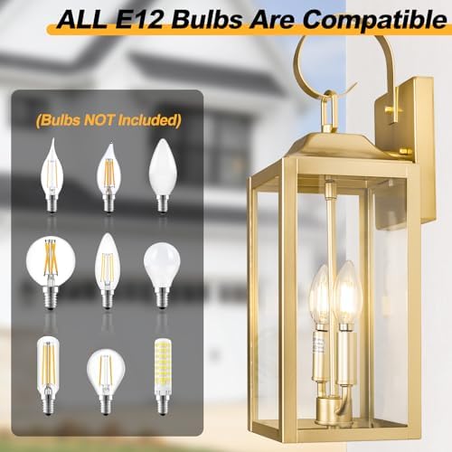 19" Gold Outdoor Wall Lantern 2-Light, Large Modern Outdoor Sconce Lights
