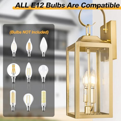 19" Gold Outdoor Wall Lantern 2-Light, Large Modern Outdoor Sconce Lights