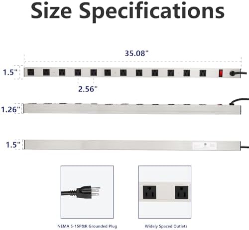 Inland 12 Outlet Long Aluminum Heavy Duty Power Strip with 3FT 14AWG Cord, 15A/1875W, Wide Spaced Outlets, ETL Listed Electrical Outlet Extender, Outlet Splitter, Ideal for Office, Garage, Workshop