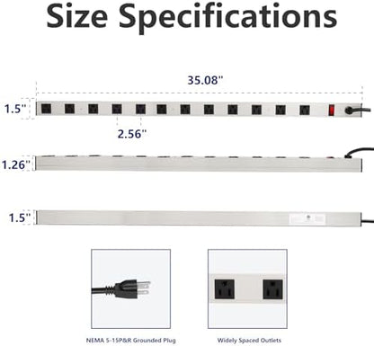 Inland 12 Outlet Long Aluminum Heavy Duty Power Strip with 3FT 14AWG Cord, 15A/1875W, Wide Spaced Outlets, ETL Listed Electrical Outlet Extender, Outlet Splitter, Ideal for Office, Garage, Workshop