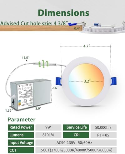 zouzai 1 Pack 4 Inch LED Recessed Ceiling Light, 810LM, 5CCT, Dimmable
