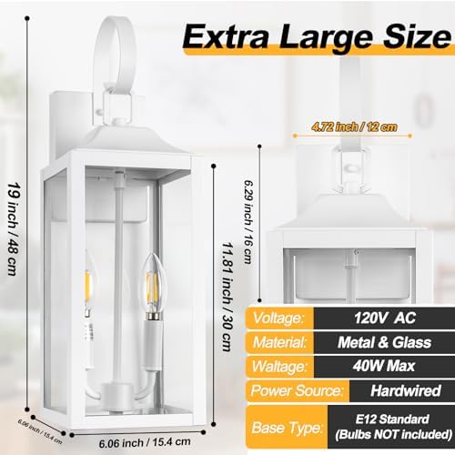 19" White Large Outdoor Wall Lantern 2-Light, Industrial Front Porch Light