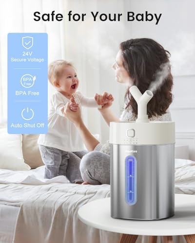 Feekaa Stainless Steel Humidifier, Easy Clean Dishwasher Safe, 4L/1Gal Cool Mist Humidifiers for Bedroom, Humidifiers for Baby, Humidifier Large Room for Nursery, Plant, Office, Living Room, White