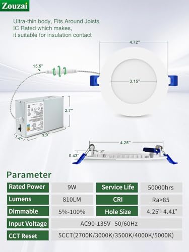 zouzai 6 Pack 4 Inch LED Recessed Ceiling Light, 810LM, 5CCT, Dimmable