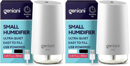 GENIANI Portable Cool Mist Humidifiers for Bedroom & Office - Ultrasonic Humidifier for Home, Baby, Small Room with Auto Shut Off, 250ML Easy to Clean Water Tank (Pack of 2)