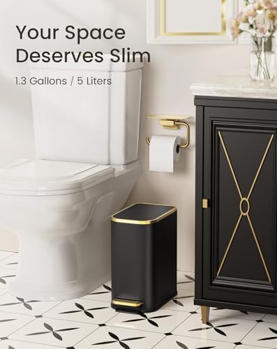 Cesun Small Bathroom Trash Can with Gold Grimmed Lid & Pedal, 1.3Gal, Black