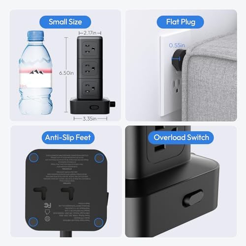 NTONPOWER 15 FT Power Strip Surge Protector Tower, Mini Flat Plug Power Strip Tower, 12 AC & 4 USB (2 USB C), 1625W / 13A Overload Protection, 1080J Surge Protector Tower for Home Office Dorm Room