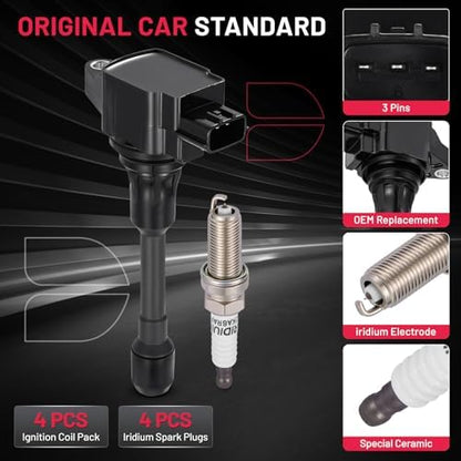 BDFHYK 4 Ignition Coil Pack UF719 and 4 Iridium Spark Plug 91187 Compatible with Nissan Versa 2012-2019, Versa Note 2014-2019 1.6L l4 Coil for C861 COP621 GN10648 5C1896