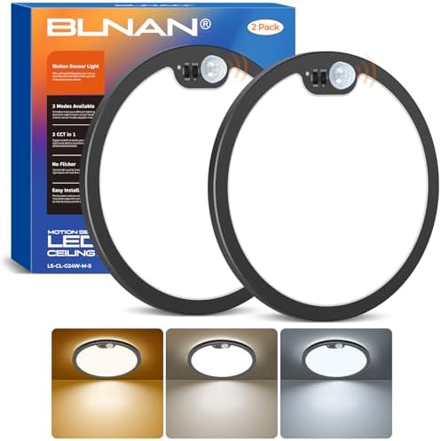 BLNAN 2Pack Motion Sensor Ceiling Light Wired, 12 Inch 3000K 4000K 5000K Selectable LED Flush Mount Light Fixture, Motion Activated Light with Timer for Hallway Stair Walk-in Closet, Black Frame