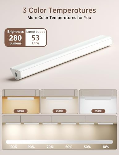 LED Under Cabinet Lighting Wireless, 2400mAh Rechargeable Cabinet Light, Battery Operated, Display Cabinet Lights, Stick on, 3-Color Shelf Lights, dimmable, with Remote Control(White, 2-Pack 12.2inch)