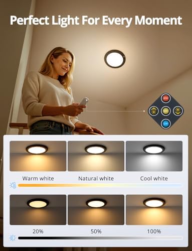 Combuh Black Battery Powered Motion Sensor Ceiling Lights Wireless, Rechargeable 60 Day Battery Operated Waterproof Inside Shower Lighting with Remote Magnetic Without Wiring for Closet Garage