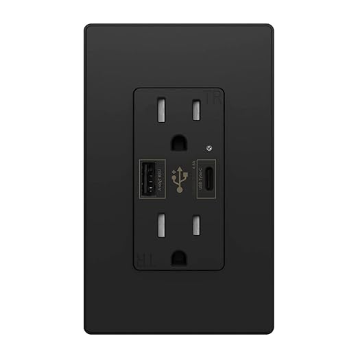 Micmi USB Outlet with C + A Wall Dual High Speed Receptacle Smart 4.8A Fast Charging Capability, 15Amp 125Volt, Tamper Resistant Wall Plate Included UL Listed (1Pack, Black, 15 Amp Outlet)