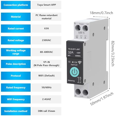 WiFi Circuit Breaker, 1P+N 32A 230V Smart Wireless Remote Switch