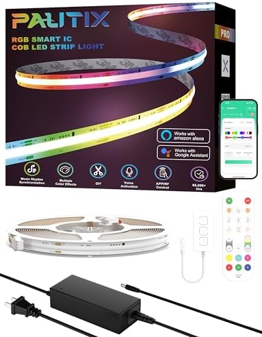 PAUTIX RGB Smart IC COB LED Strip Lights,Work with Alexa/Google Assistant,24ft/7.5m,720LEDs/m Addressable UL-Listed 24V Chasing Color Flexible Tape Light,for Cabinet,TV,Bedroom,Party DIY Decoration