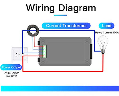 AC Current Voltage Amperage Power Energy Panel Meter LCD Digital Display Ammeter Voltmeter Multimeter with Split Core Current Transformer CT AC 80-260V 100A Multi-Function Power Monitor