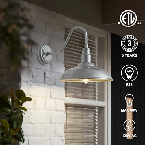10in Outdoor Gooseneck Barn Lights Silver Gray Exterior Porch Gooseneck Wall Mount Lighting Fixture, 2 Pack Brushed Silver Barn Style Outside Wall Sconce for House, Garage, Farmhouse