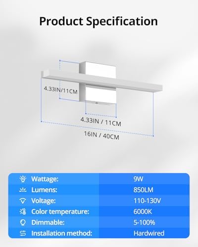 Combuh Dimmable Vanity Light Bar, 9W Over Mirror Lighting Fixture Wall Sconce Indoor, IP44 Modern Cool White 6000K Chrome Lamp Bathroom,16Inch