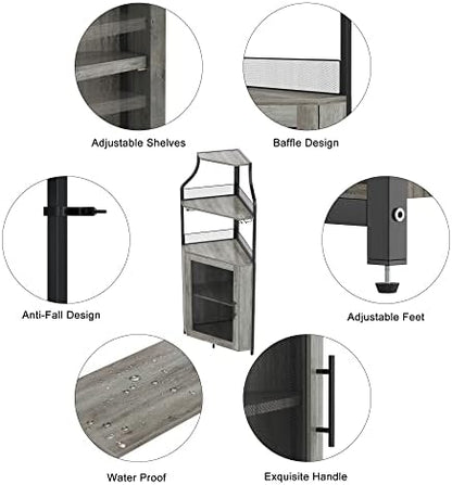 GAOMON Corner Bar Storage Cabinet, 5-Tier Farmhouse Liquor Cabinet with Glass Holder Wine Cabinet with Barn Door & Adjustable Shelf, Home Bar Storage for Home,Dining Room, Kitchen, Gray