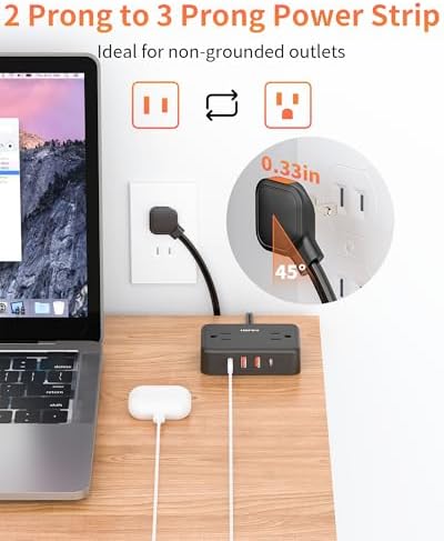 2 Prong Power Strip, 4AC&2A2C, 6 FT Two Prong Extension Cord for Old House
