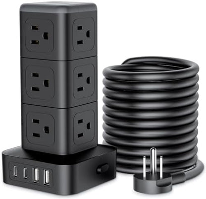 NTONPOWER 15 FT Power Strip Surge Protector Tower, Mini Flat Plug Power Strip Tower, 12 AC & 4 USB (2 USB C), 1625W / 13A Overload Protection, 1080J Surge Protector Tower for Home Office Dorm Room