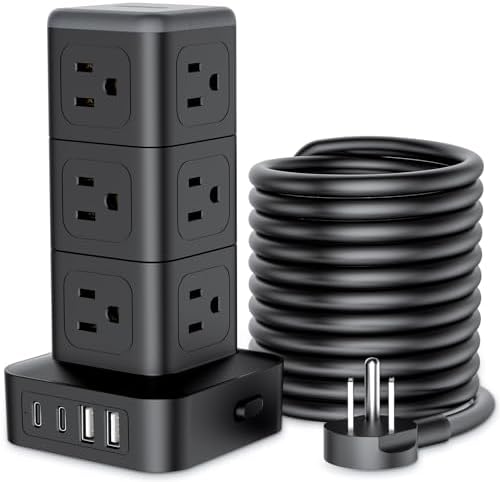 NTONPOWER 15 FT Power Strip Surge Protector Tower, Mini Flat Plug Power Strip Tower, 12 AC & 4 USB (2 USB C), 1625W / 13A Overload Protection, 1080J Surge Protector Tower for Home Office Dorm Room