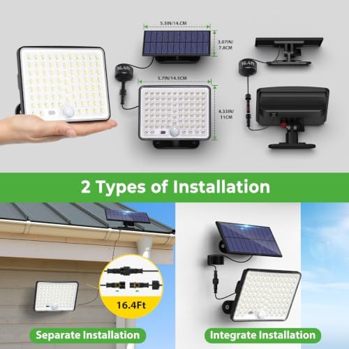 nipify Solar Motion Lights Outdoor, 3Modes Split Solar Flood Light with Remote Control,Solar Security Lights Outdoor Waterproof IP65 16ft Cable for Outside Yard Garage Patio Porch Garden,2Pack