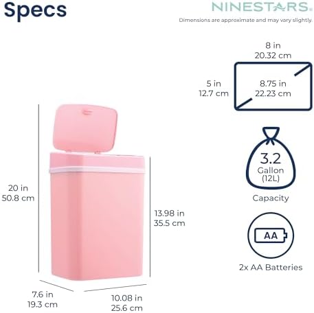 Ninestars 3 Gallon Automatic Trash Can, 12L Touchless Motion Sensor Bathroom or Bedroom Garbage Can with Odor-Sealing Lid, Impact-Resistant ABS Plastic, Pink