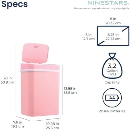Ninestars 3 Gallon Automatic Trash Can, 12L Touchless Motion Sensor Bathroom or Bedroom Garbage Can with Odor-Sealing Lid, Impact-Resistant ABS Plastic, Pink