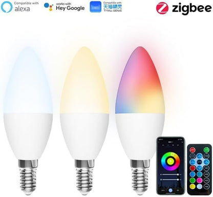 Zigbee E14 Smart RGBCW Candle Bulb Compatible with Alexa & Google Home SmartThings, App and Voice Control,ZigBee Hub Required., NS-002-2