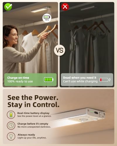EZVALO Under Cabinet Lighting Wireless, 6Pack Rechargeable Counter Lights, 1800mAh LED Motion Sensor Light Indoor, Dimmable & 3 Color Temps with Power Display, for Kitchen, Stairs, Bookshelf, Closet