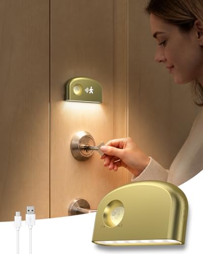 Keyhole Light, Battery Powered Motion Sensor Lights,Door Lock Light Magnetic & Dimmable, PIR Wireless Motion Detector 6500K Soft White,Portable Nightlight for Hallway,Appliance,Bathroom (1, Gold)
