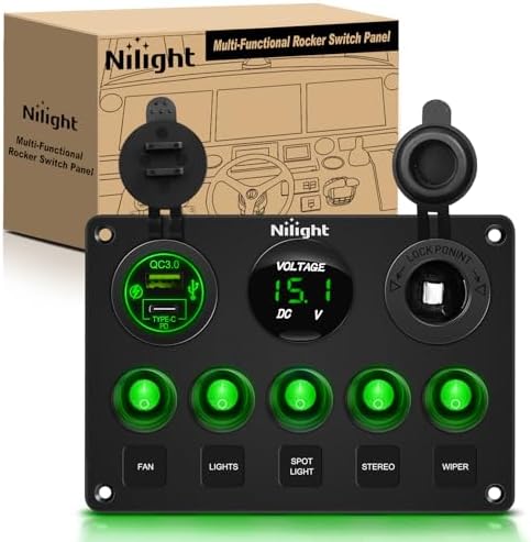 Nilight 5 Gang Multi Function Waterproof Switch Panel Green