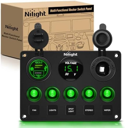 Nilight 5 Gang Multi Function Waterproof Switch Panel Green