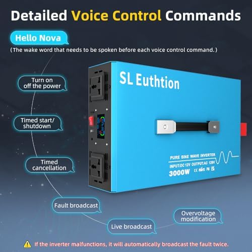 3000W Pure Sine Wave Power Inverter Voice Control AI Voice Assistant Support English 12V to 120V 60HZ with LCD Display, USB Port, for Car Home Laptop Truck