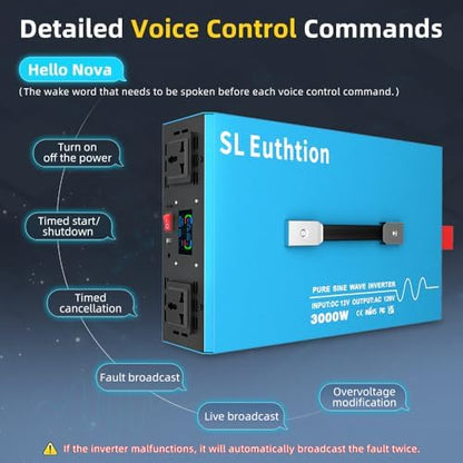 3000W Pure Sine Wave Power Inverter Voice Control AI Voice Assistant Support English 12V to 120V 60HZ with LCD Display, USB Port, for Car Home Laptop Truck