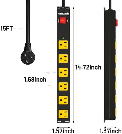 6 Outlet Power Strip 2700J Surge Protector, Heavy Duty Power Strips with 15FT Long Cord and Flat Plug, Wall Mountable Metal Strip for Desk, Garage, Workbench and Kitchen