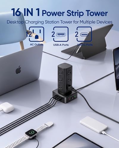 Power Strip Tower with 12 AC Outlets & 4 USB Ports(2 USB C), 6FT Cord