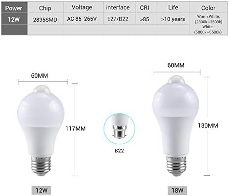 Fengyan Home Bulbs LED Smart Bulb 12W E27 B22 LED Night Lamp with PIR Motion Sensor AC 85-265V Light Bulb for Stair Hallway Outdoor Porch Garage Household Lamp