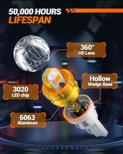 SEALIGHT 194 LED Light Bulb Amber Yellow 168 T10 W5W 2825 Super Bright 360° LED Replacement Bulbs 3020SMD for License Plate Light, Dome Light, Map Light, Courtesy Light, Side Marker Lights, Pack of 6