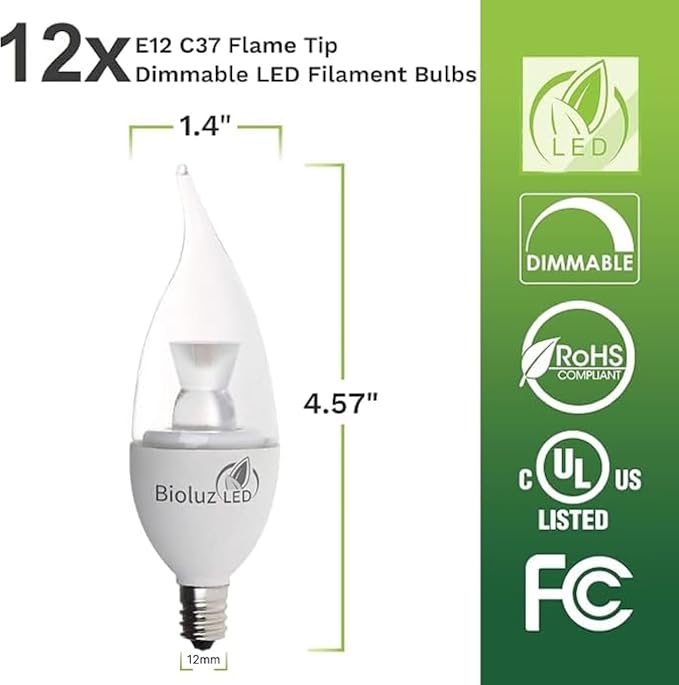 Bioluz LED Light Bulb 40W Candelabra LED Bulbs w/Flame Tip, Dimmable12 Base Candle Light Bulbs 2700K Warm White LED Light Bulb for Indoor/Outdoor Use FCC and UL Listed 12 Pack