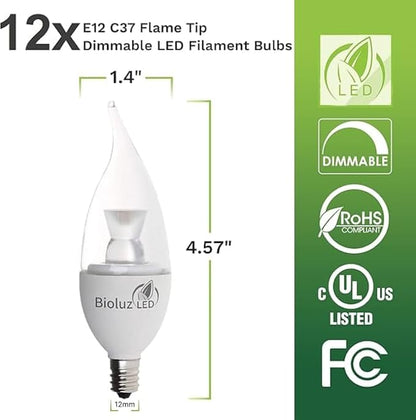 Bioluz LED Light Bulb 40W Candelabra LED Bulbs w/Flame Tip, Dimmable12 Base Candle Light Bulbs 2700K Warm White LED Light Bulb for Indoor/Outdoor Use FCC and UL Listed 12 Pack