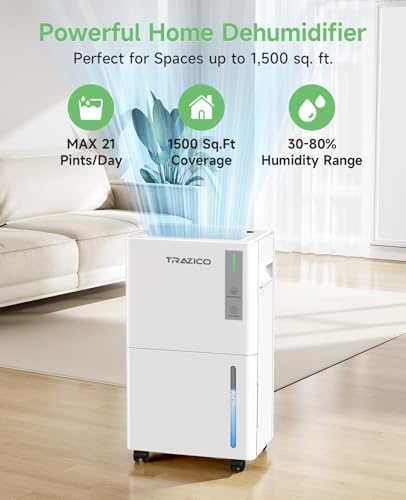Trazico 1500 Sq.ft Dehumidifier for Basement with Drain Hose, 21 Pint/Day
