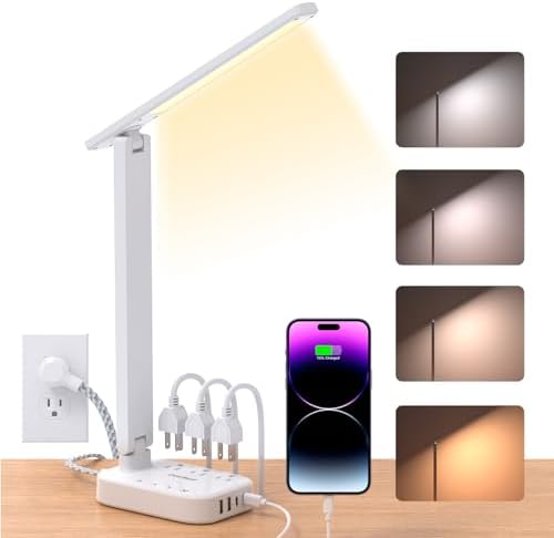 One Beat Small LED Desk Lamp Power Strip 5ft Extension Cord with 3 Outlets 4 USB Ports(2 USB C), 4 Modes, 5 Level Touch Lamp Study Reading Light, Home Office Bedroom College Dorm Room Essentials,White