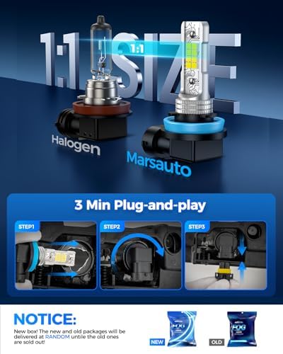 Marsauto H11/H8 LED Fog Light Bulb, 10000 Lumens 6000K White Super Bright & Compact H16/H8/H11 LED Bulb, 1:1 Mini Size Plug and Play Fog Lights, Side Marker & Parking Light Combos, Pack of 2