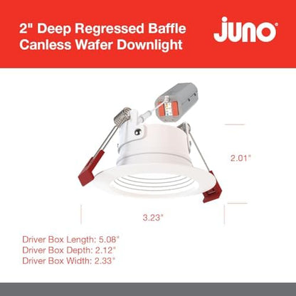 Juno WF2 Dreg B ALO25 SWW5 90CRI 120 MW M6 Canless Wafer Recessed LED Downlight, Deep Regressed Baffled Trim Style, 2-Inch, Matte White