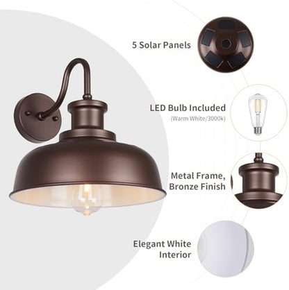 Solar Barn Light for Outside, Outdoor Wall Lights Solar Powered, Farmhouse Exterior Wall Sconce, Industrial Outside Lighting Fixture, Rustic Bronze White Lantern for Barn Shed Coop Garage Patio