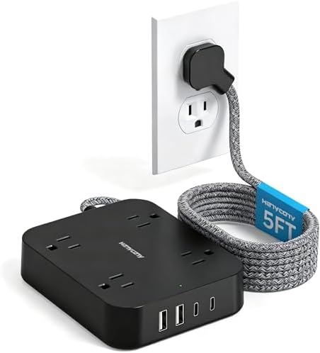 5 Ft Braided Extension Cord, Ultra-Thin Flat Plug, 4 Widely Spaced Outlets