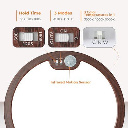 BLNAN Motion Sensor Ceiling Light Wired, 8.7 Inch 3000K 4000K 5000K Selectable LED Flush Mount Light Fixture, Motion Activated Light with Timer for Hallway Stair Walk-in Closet, Non-Dimmable - Walnut